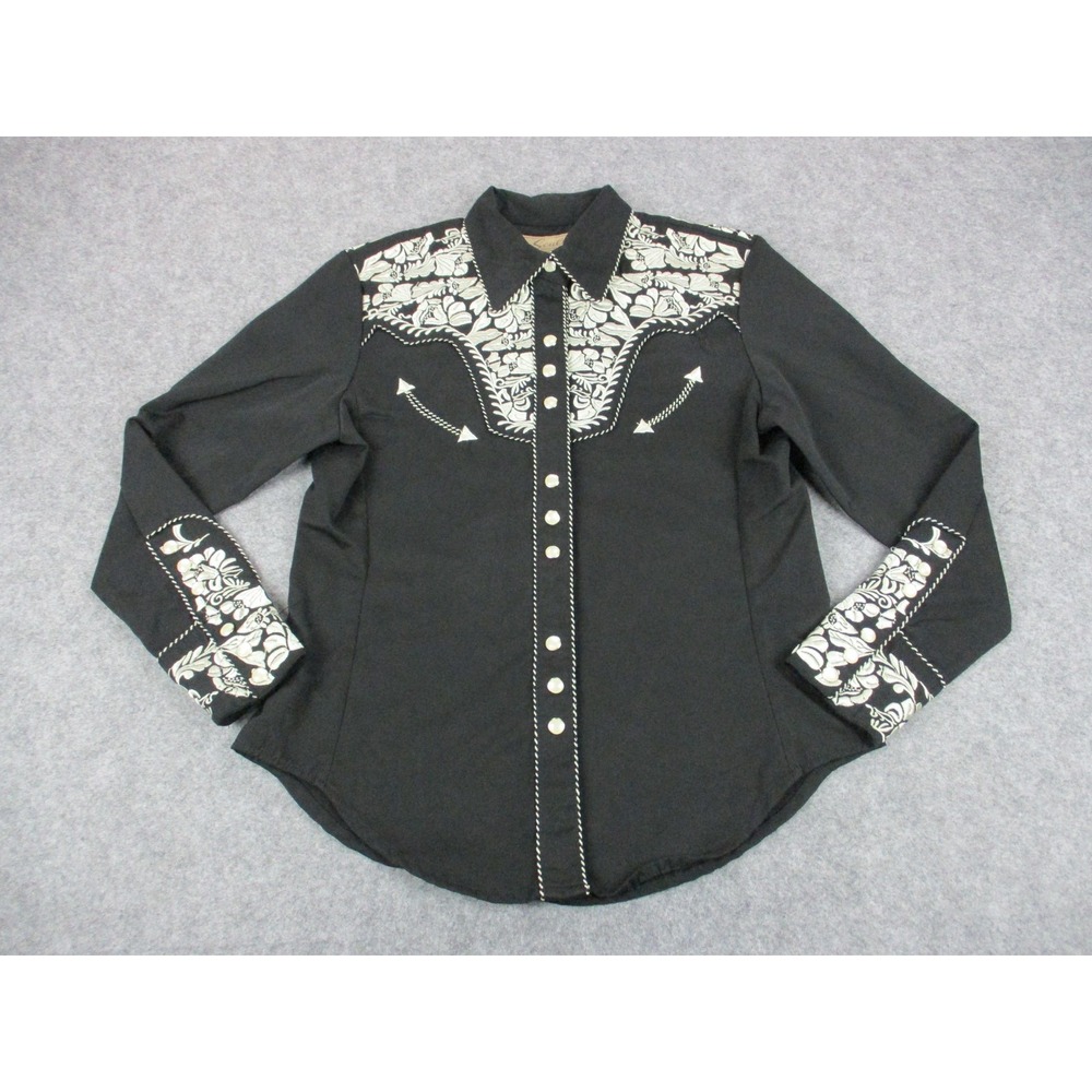 Scully Shirt Womens Small Black Embroidered Floral Pearl Snap Smile Pockets